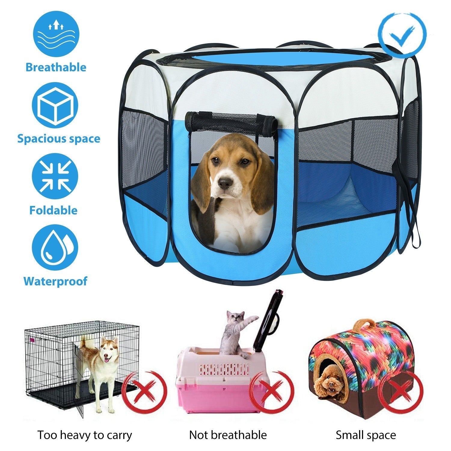 Portable Foldable Pet Tent Exercise Pen Kennel Removable Zipper  Indoor Outdoor Use