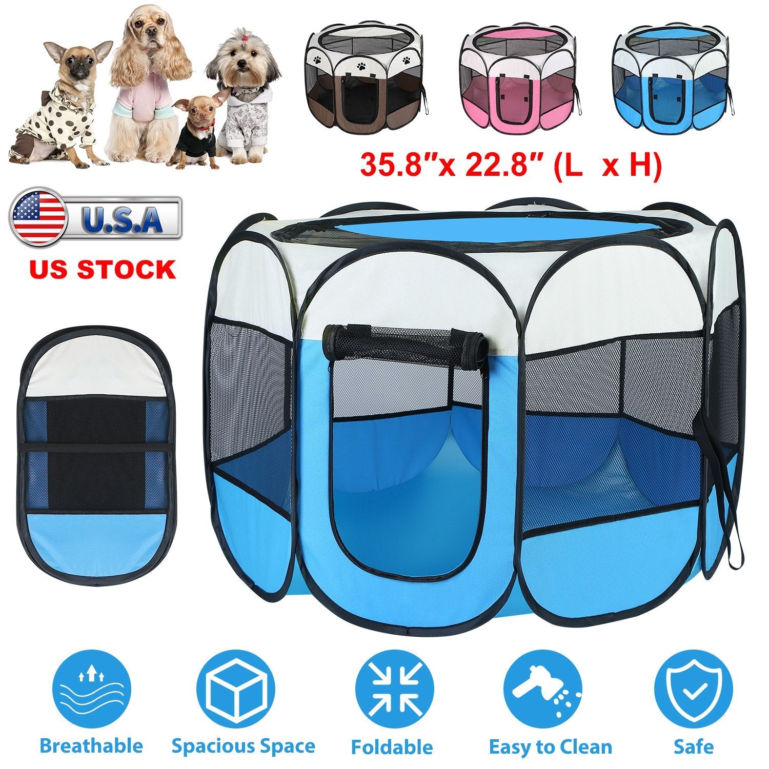 Portable Foldable Pet Tent Exercise Pen Kennel Removable Zipper  Indoor Outdoor Use