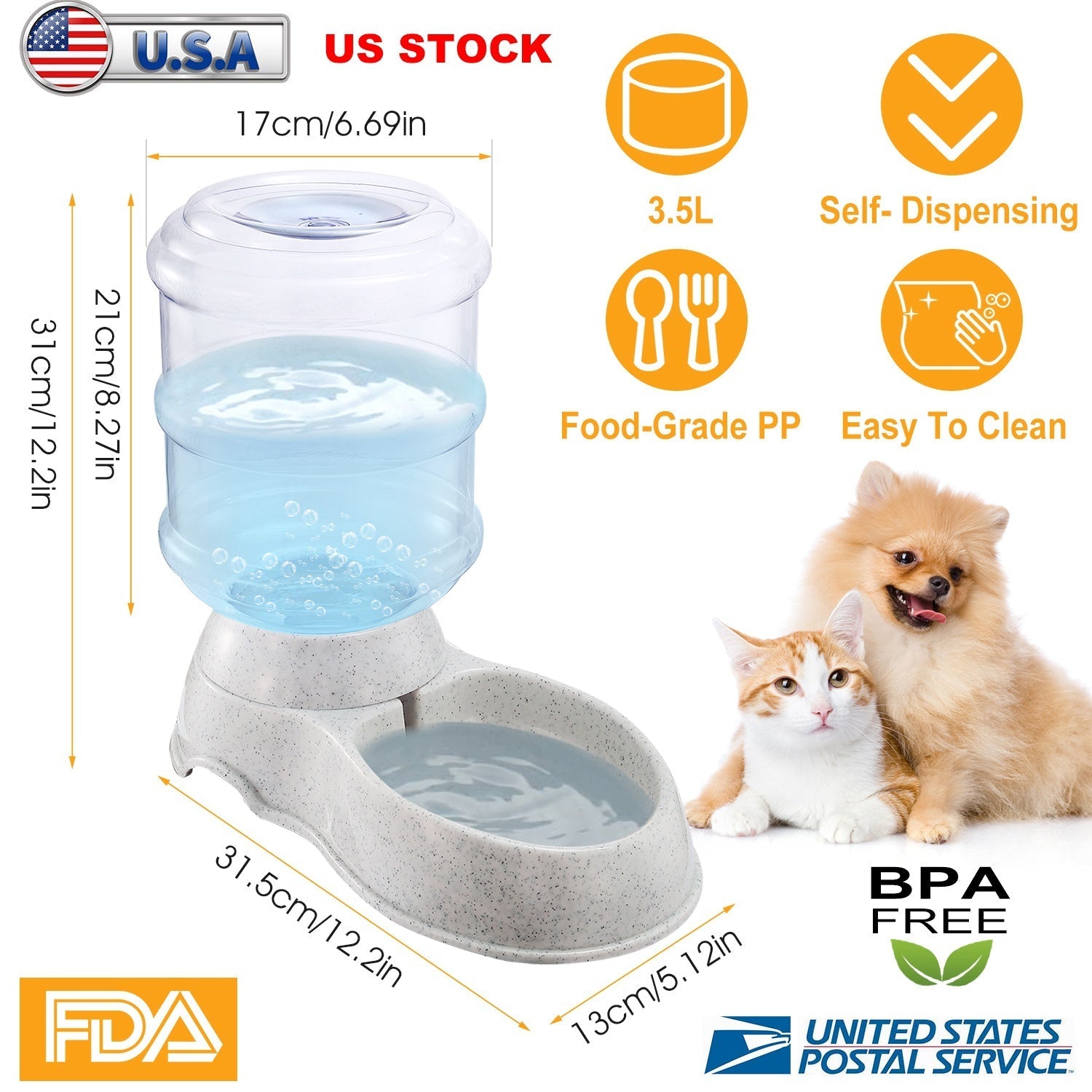 3.5L/1Gal Pet Water Dispenser Gravity Pets Water Feeder Automatic Pet Waterer