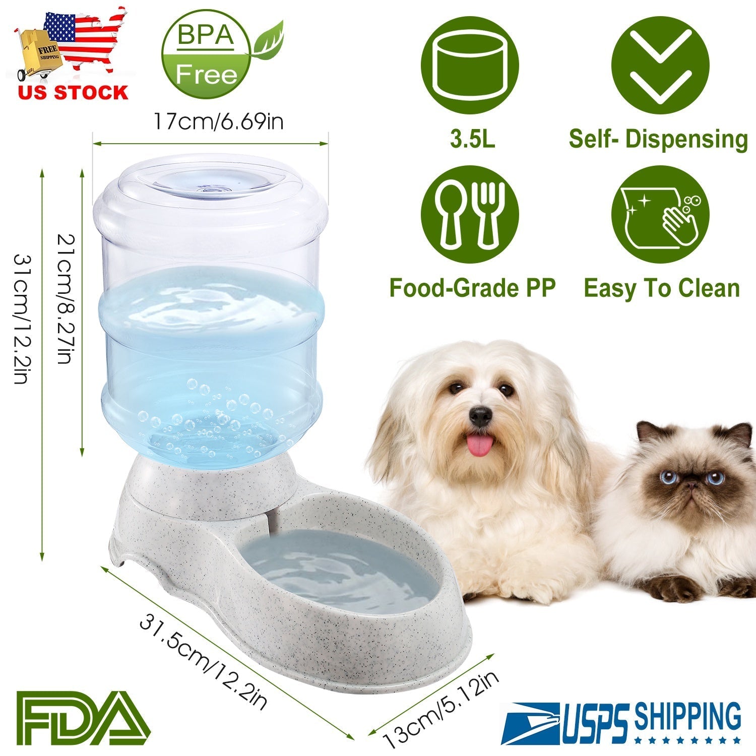 3.5L/1Gal Pet Water Dispenser Gravity Pets Water Feeder Automatic Pet Waterer