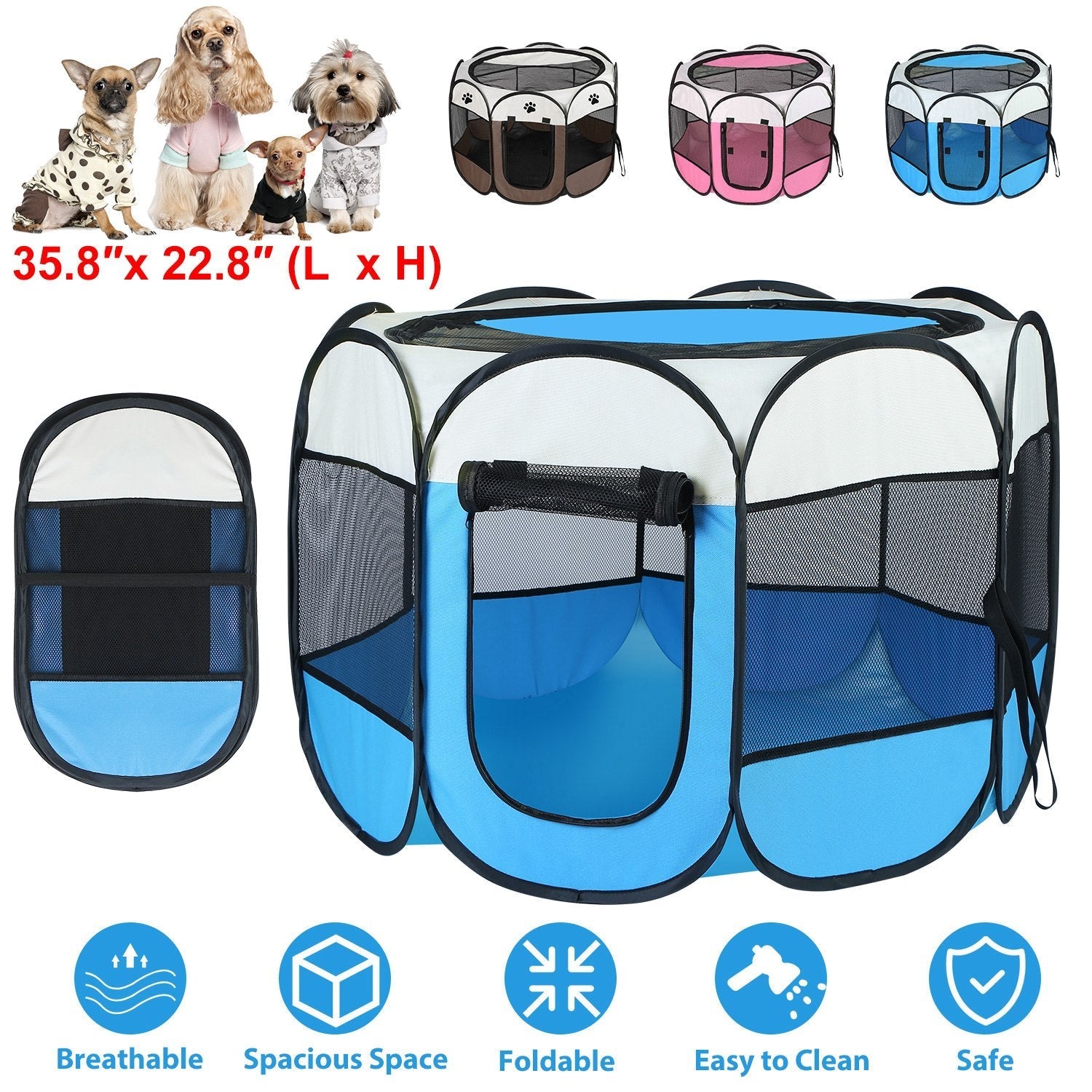 Portable Foldable Pet Tent Exercise Pen Kennel Removable Zipper  Indoor Outdoor Use